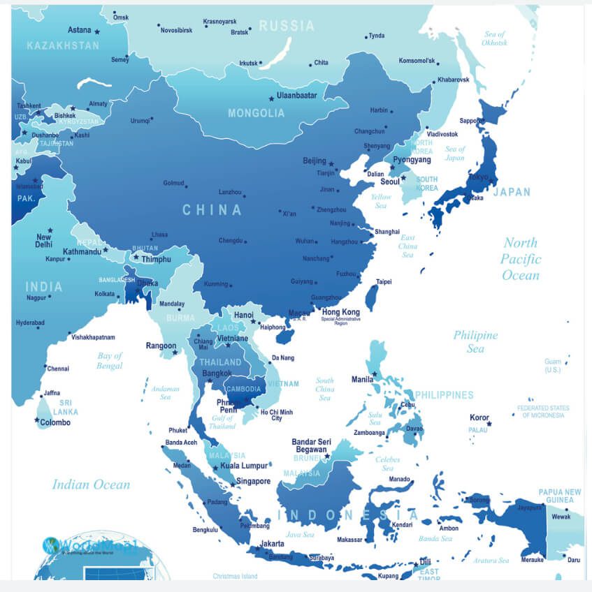 East Asia Oceania Countries National Borders Map with Taiwan